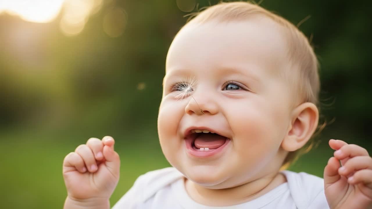 Fröhliches Baby lacht in der Natur: Ein kostbarer Moment festgehalten, der pures Glück und entzückende Ausdrücke vor einem grünen Hintergrund zeigt.