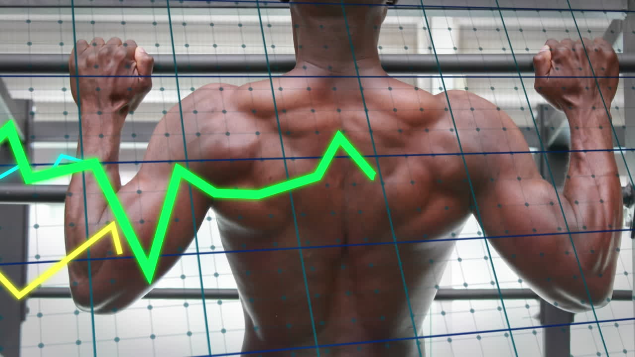 Animación de gráficos en movimiento sobre un hombre afroamericano en forma realizando dominadas en el gimnasio.