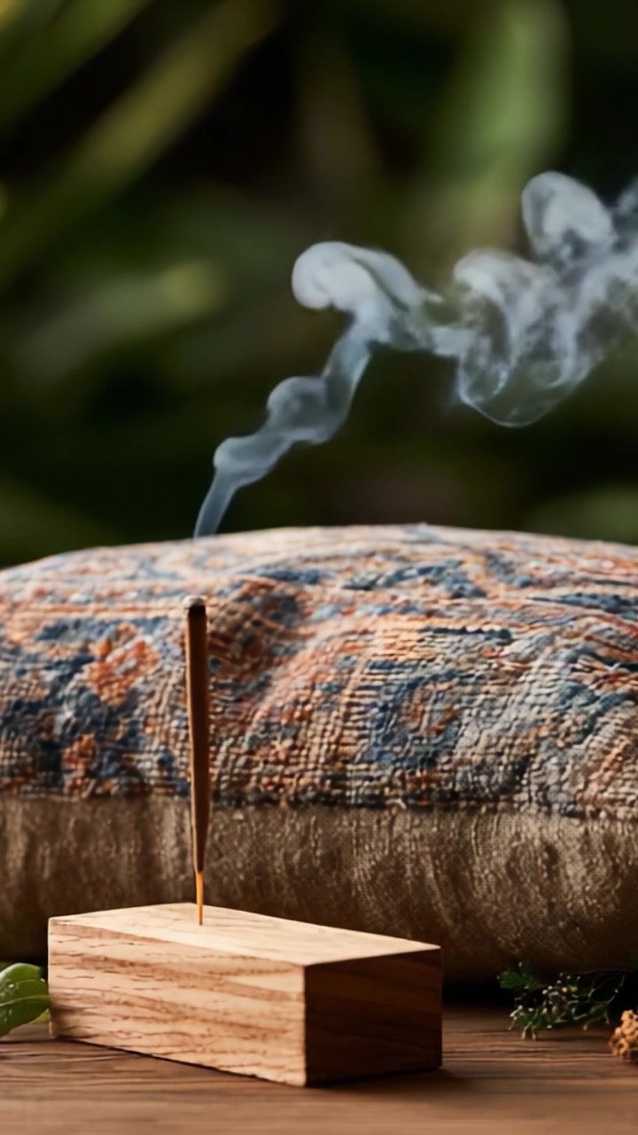 Un momento sereno di incenso e comfort: catturando la danza eterea del fumo che sale da un bastoncino d'incenso posizionato elegantemente su un cuscino confortevole.