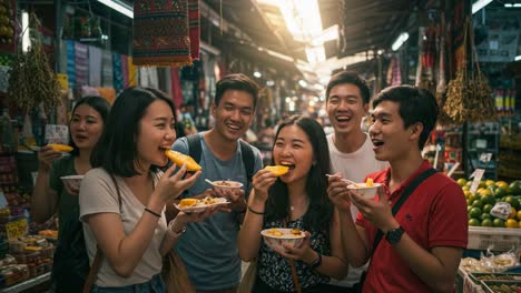 A Joyful Gathering of Friends Enjoying Delicious Mango Desserts at a Vibrant Market, Celebrating Culture and Connection Through Food and Laughter