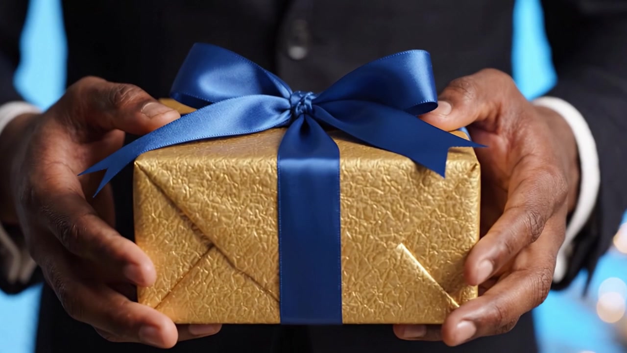 A Gift Wrapped in Gold with a Blue Ribbon: Celebrating Special Occasions with Elegance and Joy, Perfect for Birthdays, Anniversaries, or Holidays