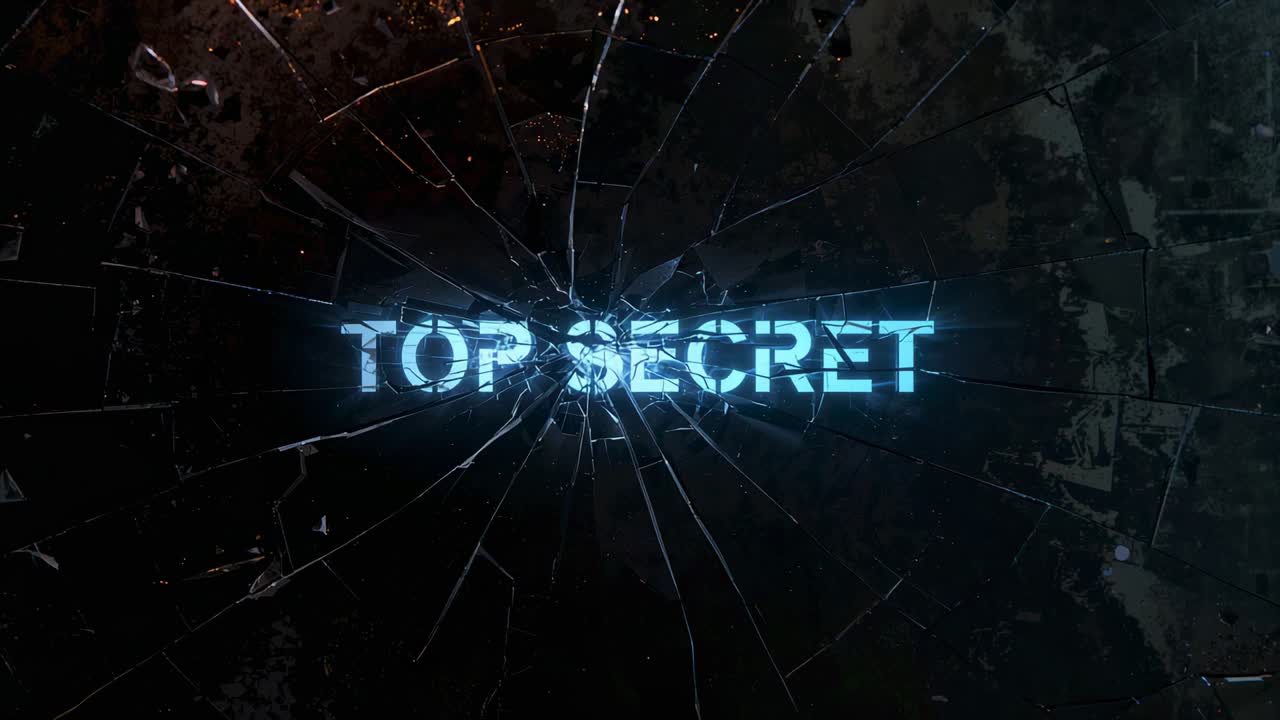 Shattering radial cracks revealing glowing cyan-blue text TOP SECRET centered, glow intensifying