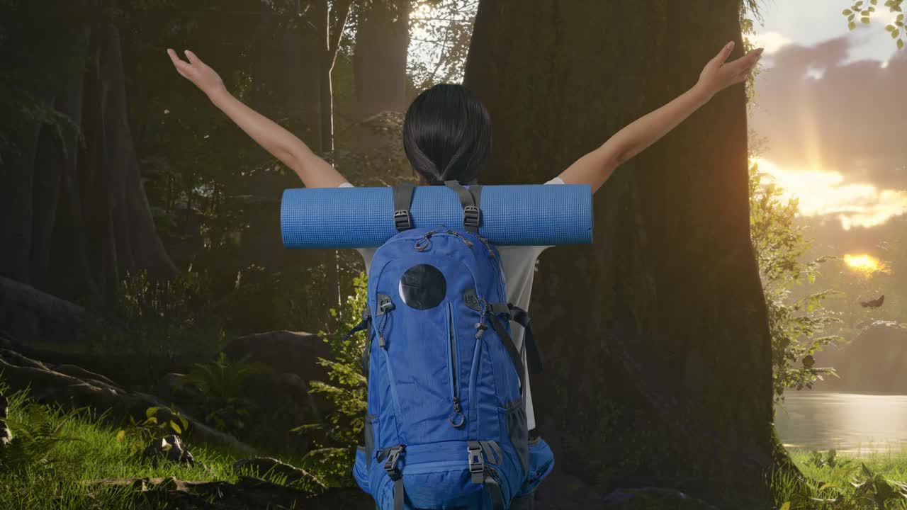 해가 지는 동안 숲에서 산책 하는 여자