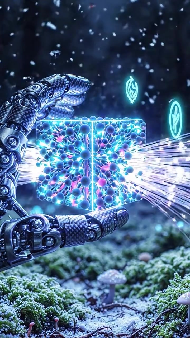 Mano robotica illuminata che afferra un cubo futuristico con motivi intricati in un ambiente di foresta mistica sotto una leggera nevicata