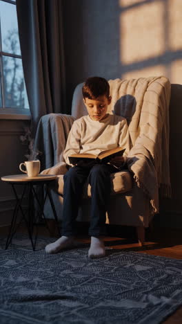 Young Boy Reading a Book in a Cozy Armchair with Sunlight
