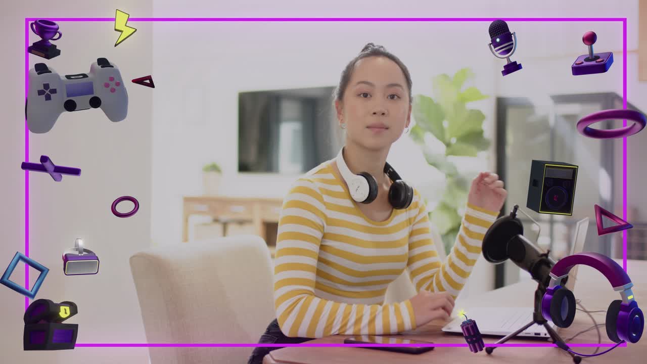 Recording podcaster picking up headset adjusting mic and laptop purple icons border framing shot