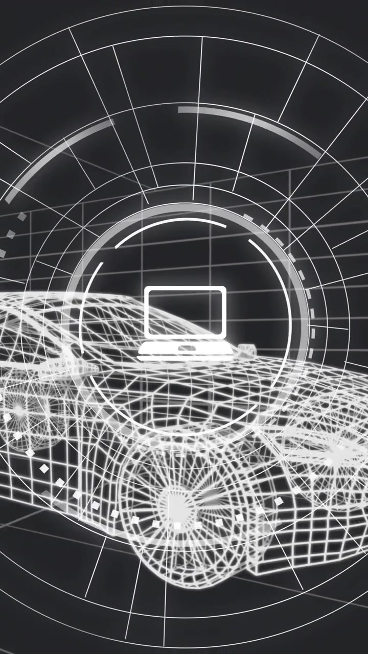Animazione di un'icona di laptop in cerchi di caricamento e un diagramma di flusso di icone su un modello 3D di auto