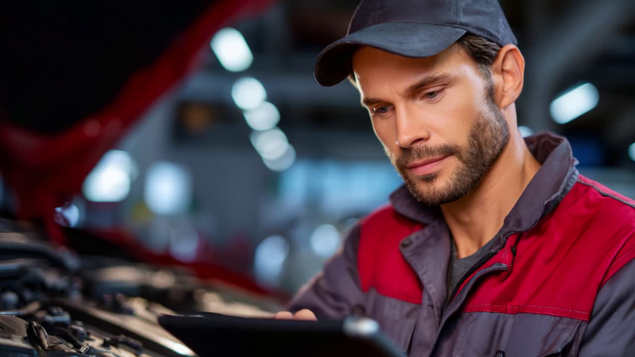Fokuserad fordonstekniker som analyserar fordonsdiagnostik med en surfplatta i en modern garage-miljö, vilket visar teknisk expertis och precision i underhållet