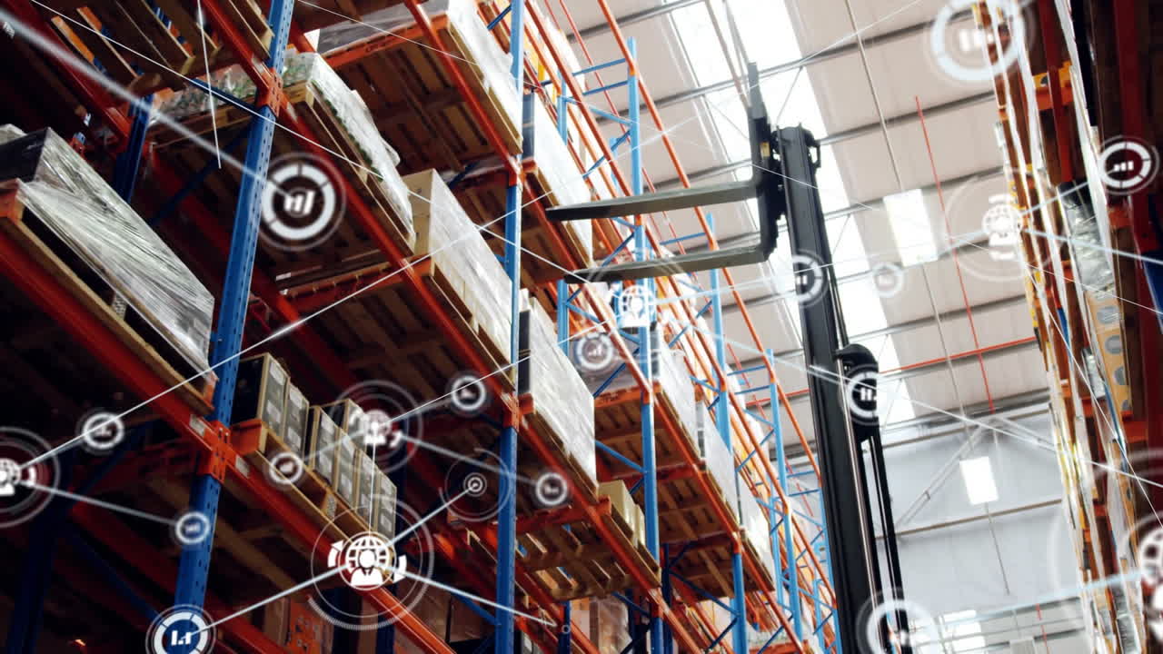 Forklift moving pallets in warehouse, logistics network animation over shelves