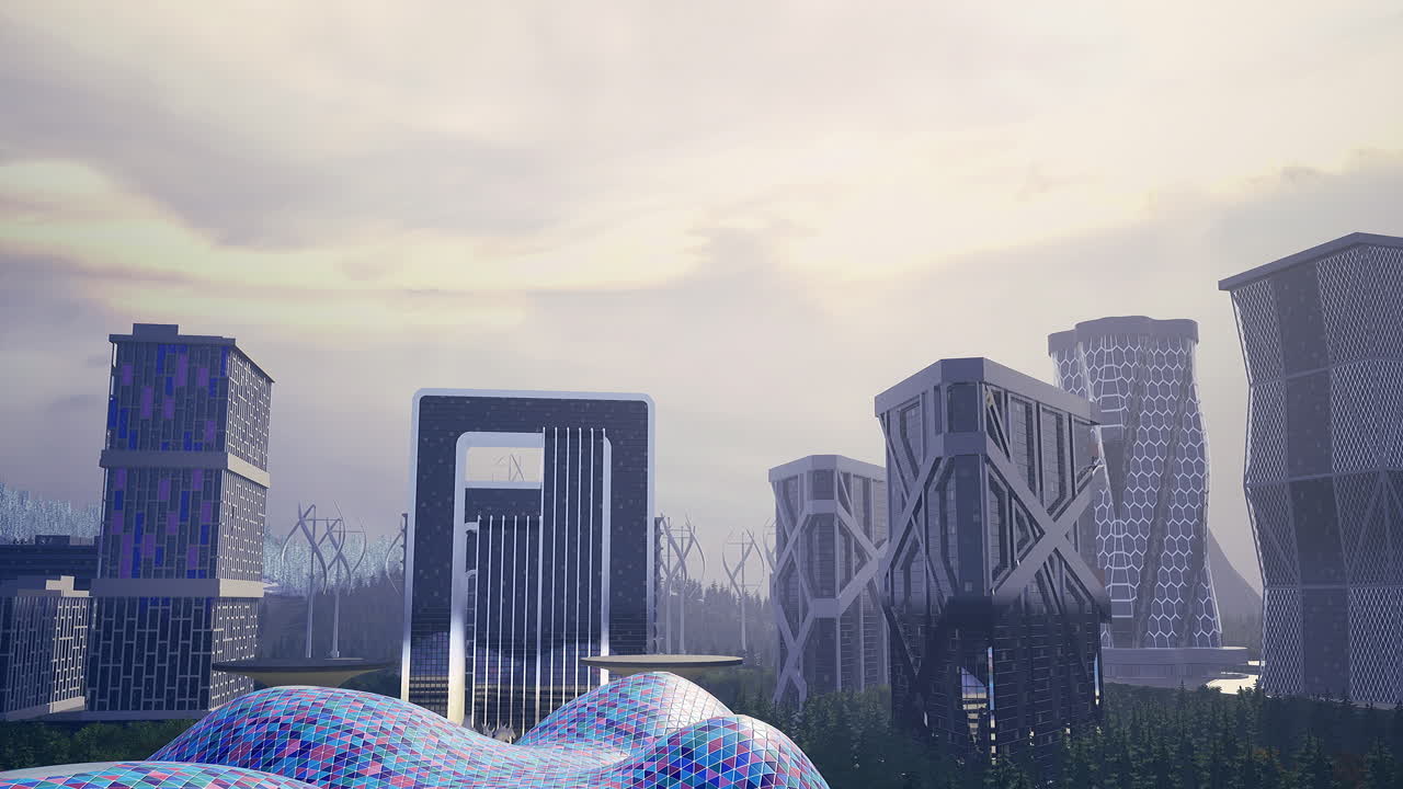 Modern architectural structures in a futuristic city landscape at dusk