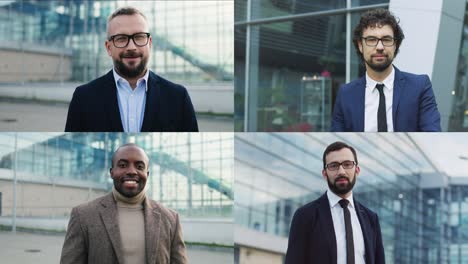 collage of different classy businessmen in suits standing outdoor in city