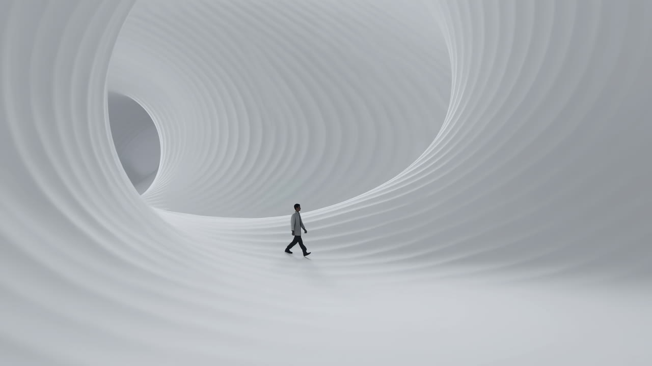Man Walking in a Minimalist White Futuristic Corridor
