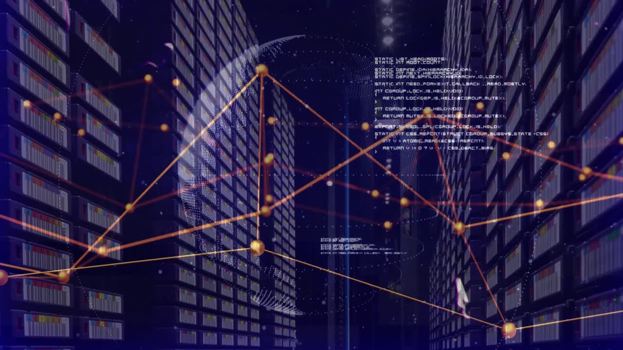 Animation of data processing and globe over server room