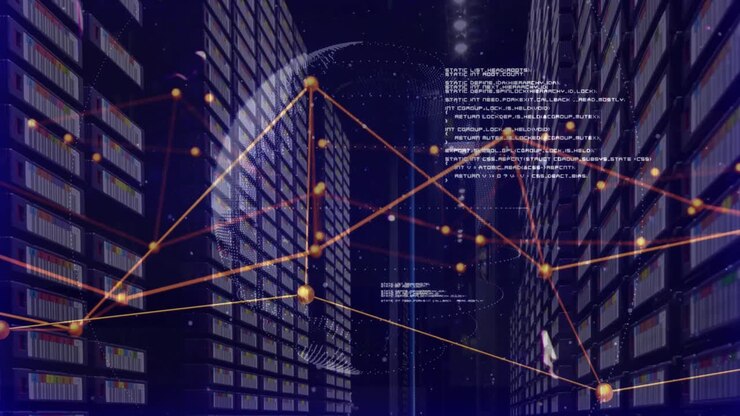 Animation of data processing and globe over server room