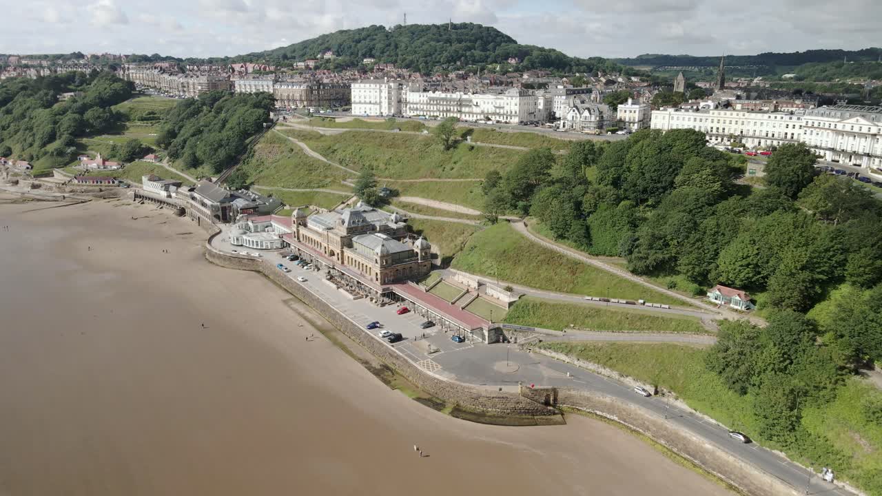 Aerial view of Scarborough Spa, south cliff, beach and Oliver's mount