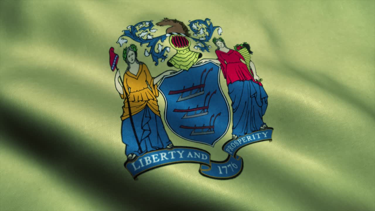Bandiera dello Stato del New Jersey che sventola al vento. Bandiera nazionale del New Jersey. Animazione in loop continuo del simbolo dello Stato del New Jersey. 4K.