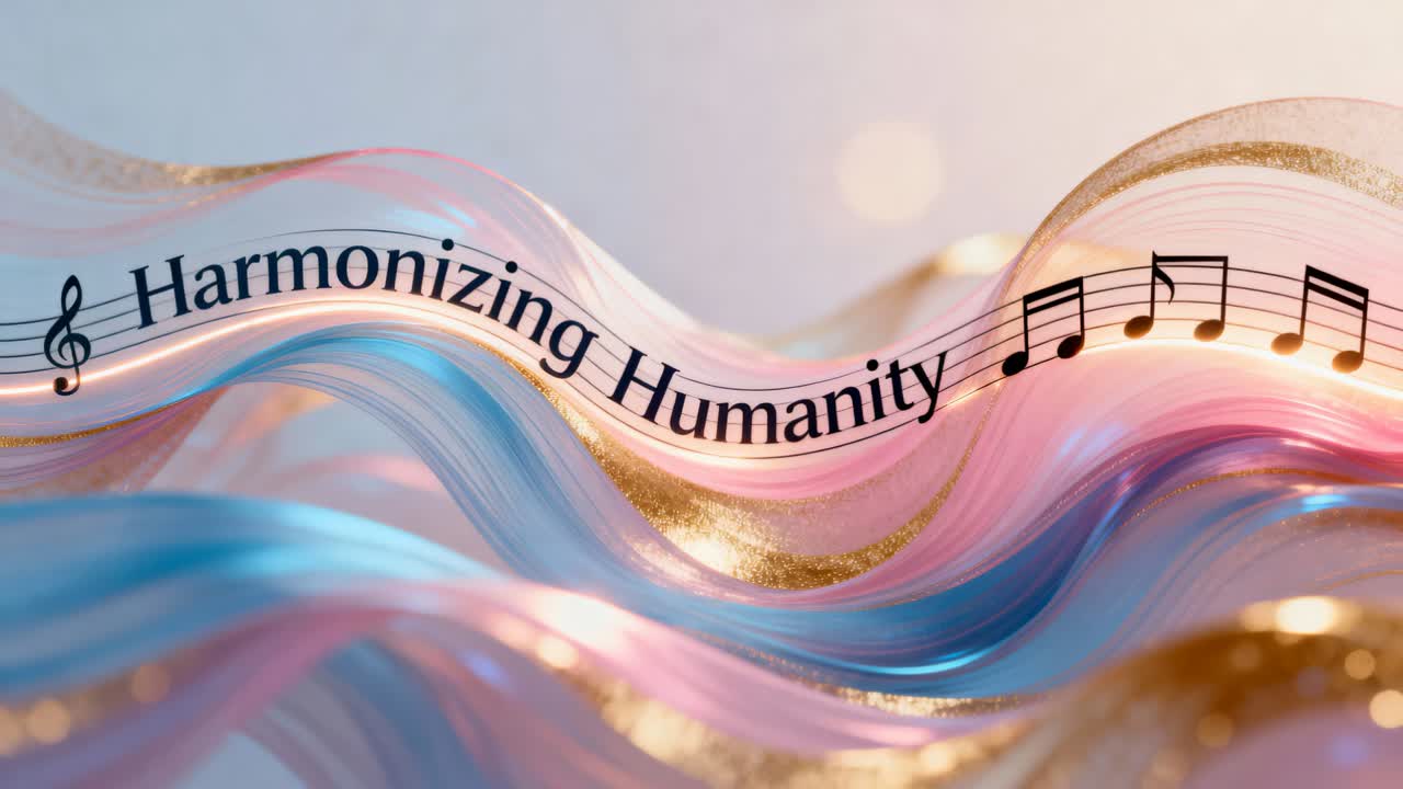 Animating, flowing ribbon carrying Harmonizing Humanity text at studio while notes progressing
