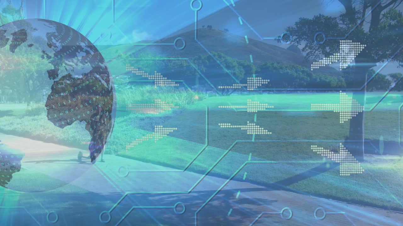 Animation of globe with arrows over woman walking with a scooter in a park