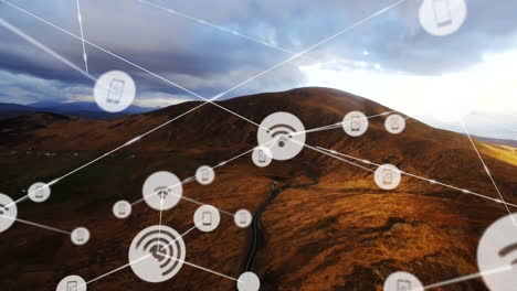 animation of network of connections with wifi icons over landscape