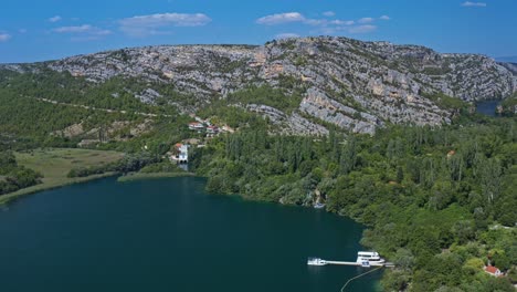 Estuary-In-Krka-National-Park,-Croatia---aerial-drone-shot