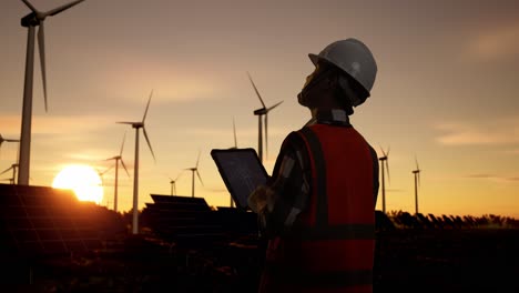 engineer inspecting wind and solar farm at sunset