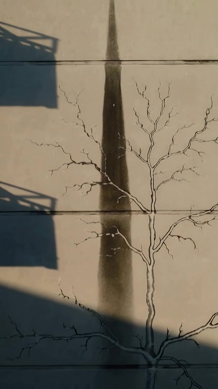 Video verticale: Luce solare mutevole che sposta l'ombra del balcone lungo la parete, attraversando un murale di albero spoglio.