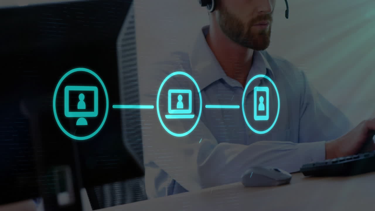 animación de iconos de los medios sobre colegas caucásicos usando auriculares de teléfono en la oficina