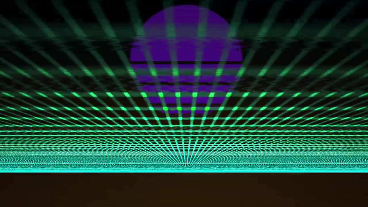 Abstract Retro Wave Grid with Purple Sun and Glitch Effect