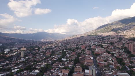 Aerial-wide-view-of-Medellin-cityscape-sprawling-along-Valley,-Colombia