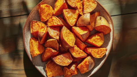 delicioso plato de patatas dulces asadas en una mesa rústica