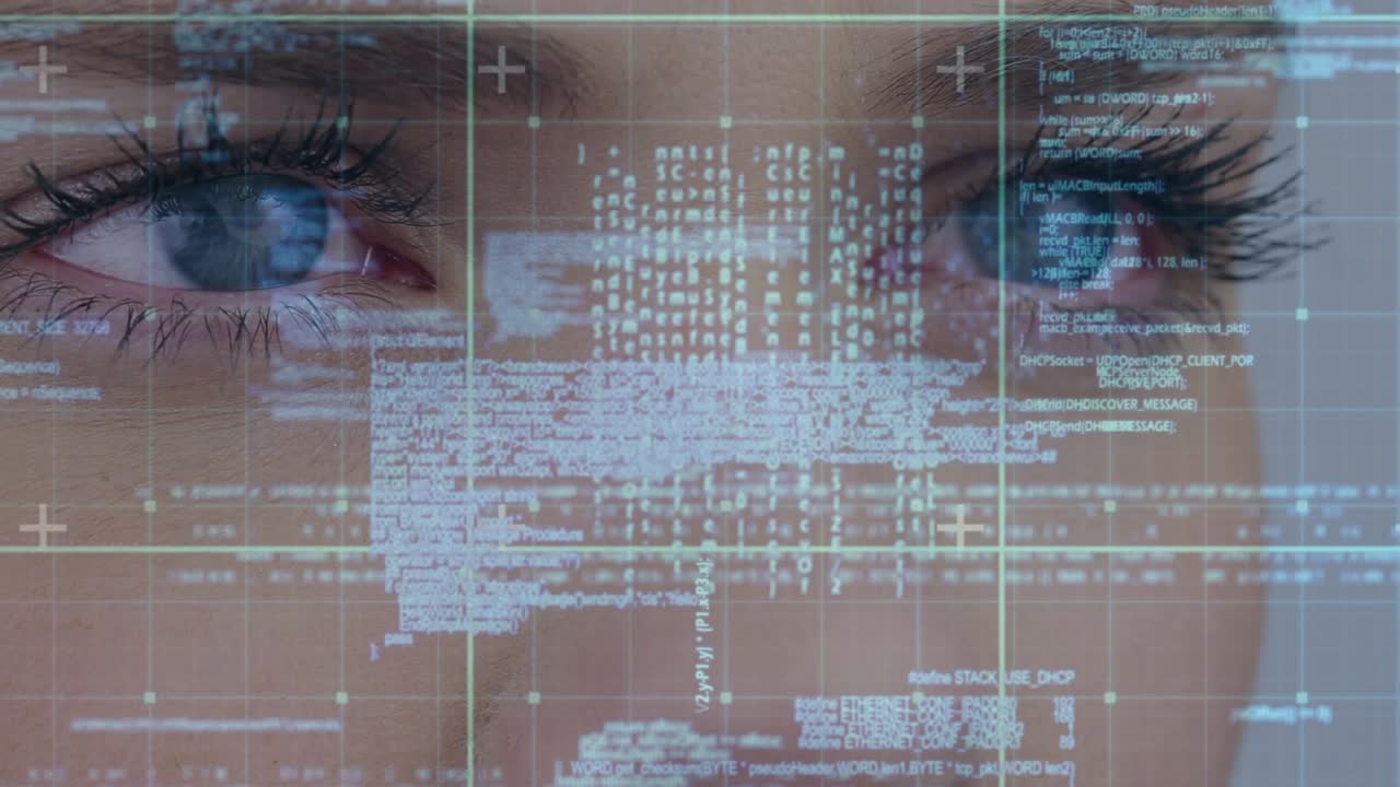 Animation of data processing over caucasian woman's face and grid