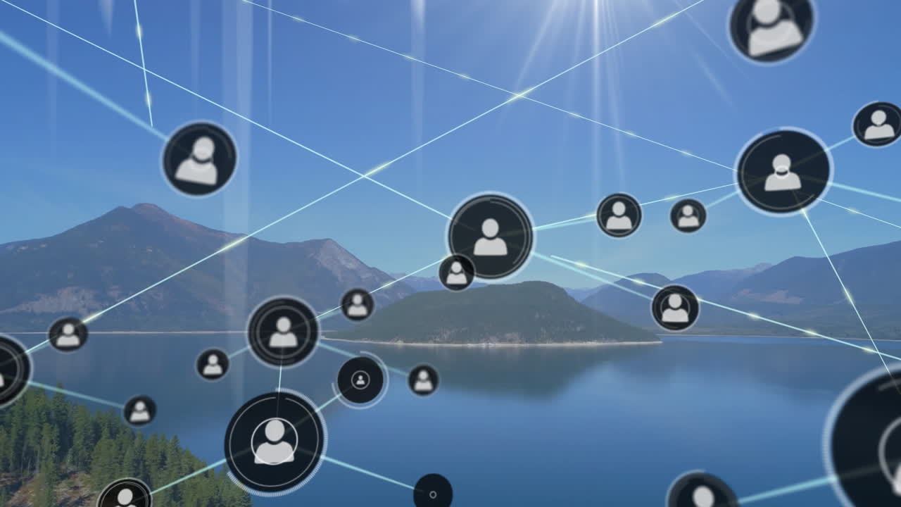 Network of connections and data processing animation over scenic mountain lake