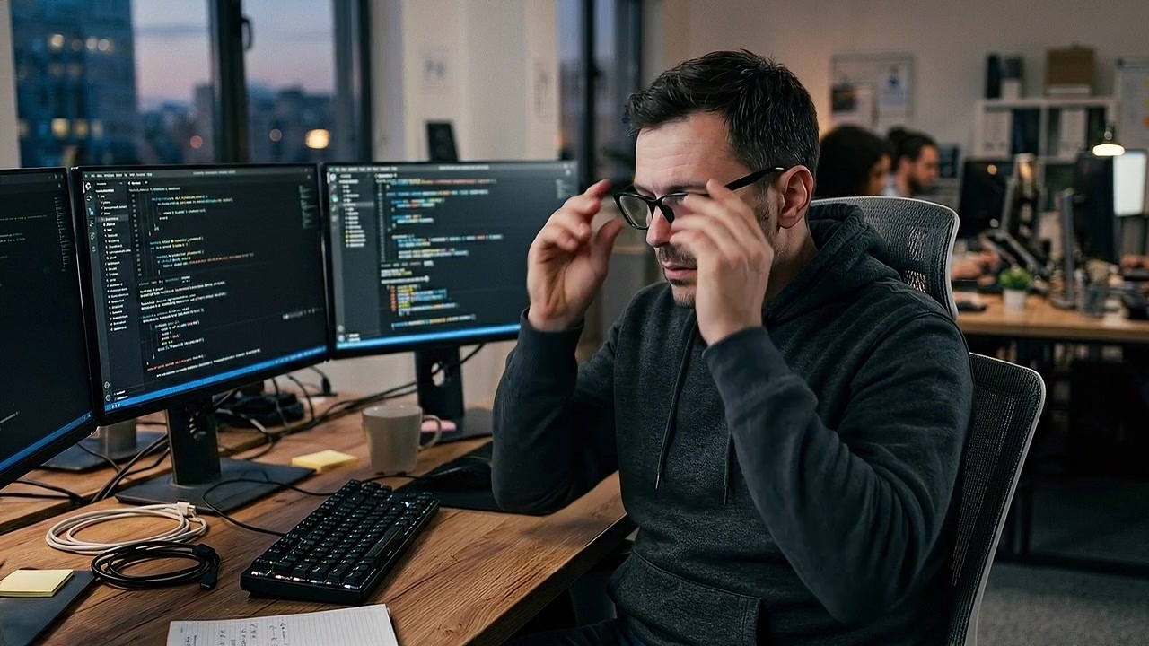 Software developer rubbing temple while seated before multiple computer monitors