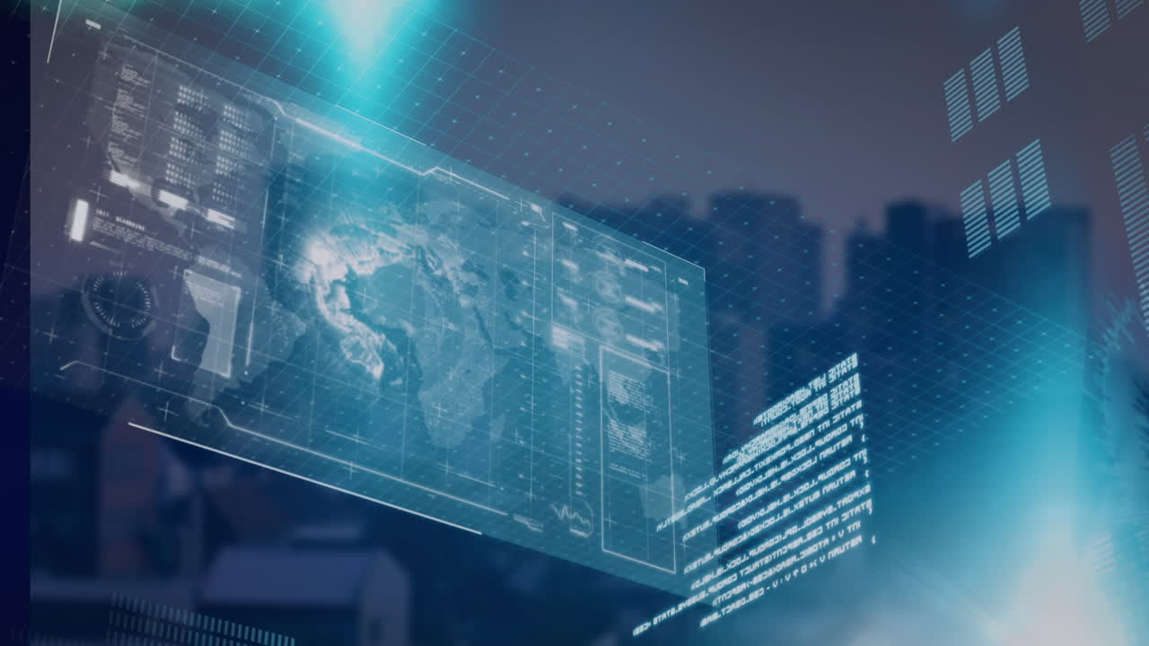 Animation of interface with data processing and blue light spot against aerial view of cityscape