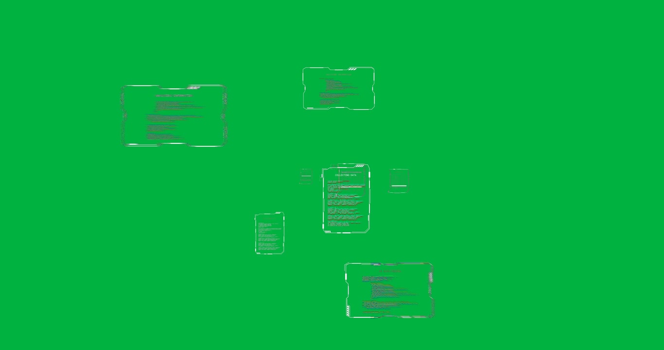 Animazione di elaborazione dati su schermi digitali su sfondo trasparente.