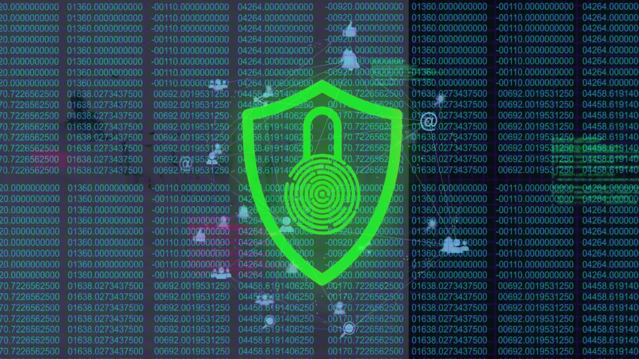 animación de una red de iconos digitales que giran sobre el icono del candado de seguridad contra el procesamiento de datos.