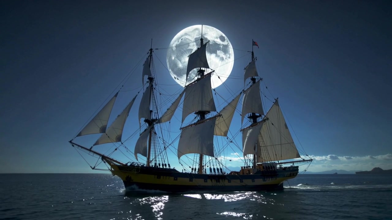 Barco de tres mástiles deslizándose por un mar iluminado por la luna, con la luna llena detrás del mástil y la brisa llenando las velas.