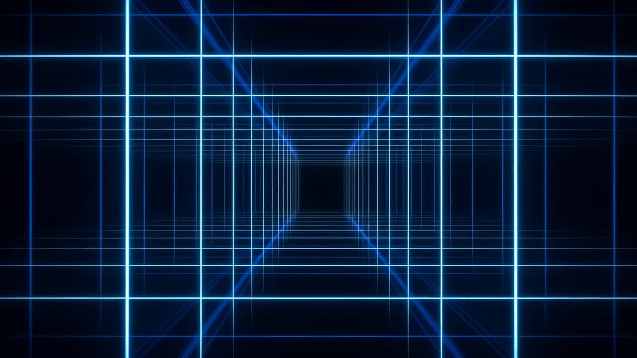 Luminous Grid Tunnel With Intense Perspective, Hyperreal Digital Corridor, Bright Blue Beams, Synchronized