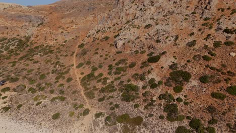 aerial - rugged path to balos lagoon, crete island's rocky terrain, greece
