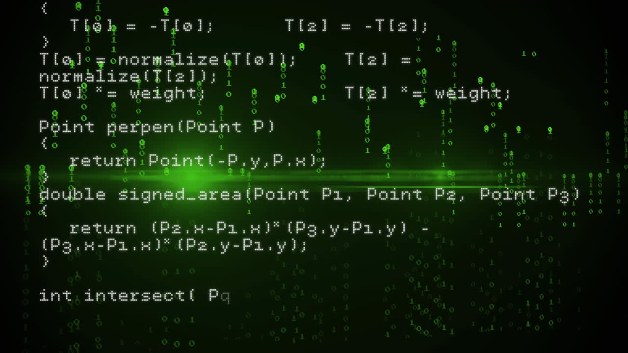 Animation of binary coding and data processing over green light