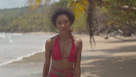 fitness girl in a bikini with an amazing afro hairstyle at a tropical beach location