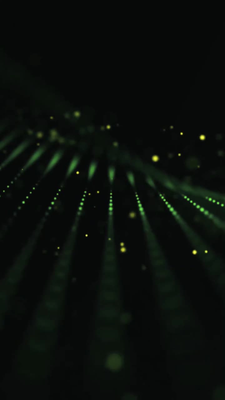 Abstract Green Light Rays and Particles Flowing on Black Background