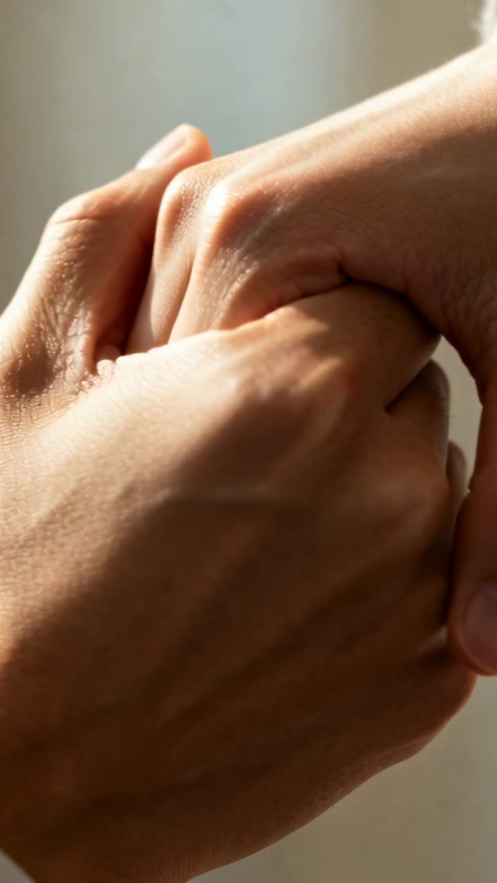 Lower-left hand approaching, clasping upper hand in health scene, thumb ...