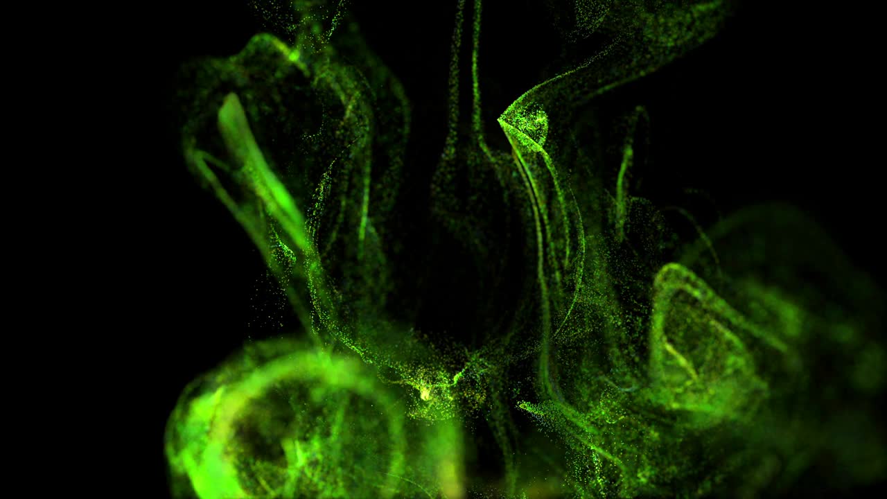 stream of green luminous particles underwater on black background runs into a spherical field, place for your text, logo. Alpha channel as Luma Matte. Ink effect of advection.