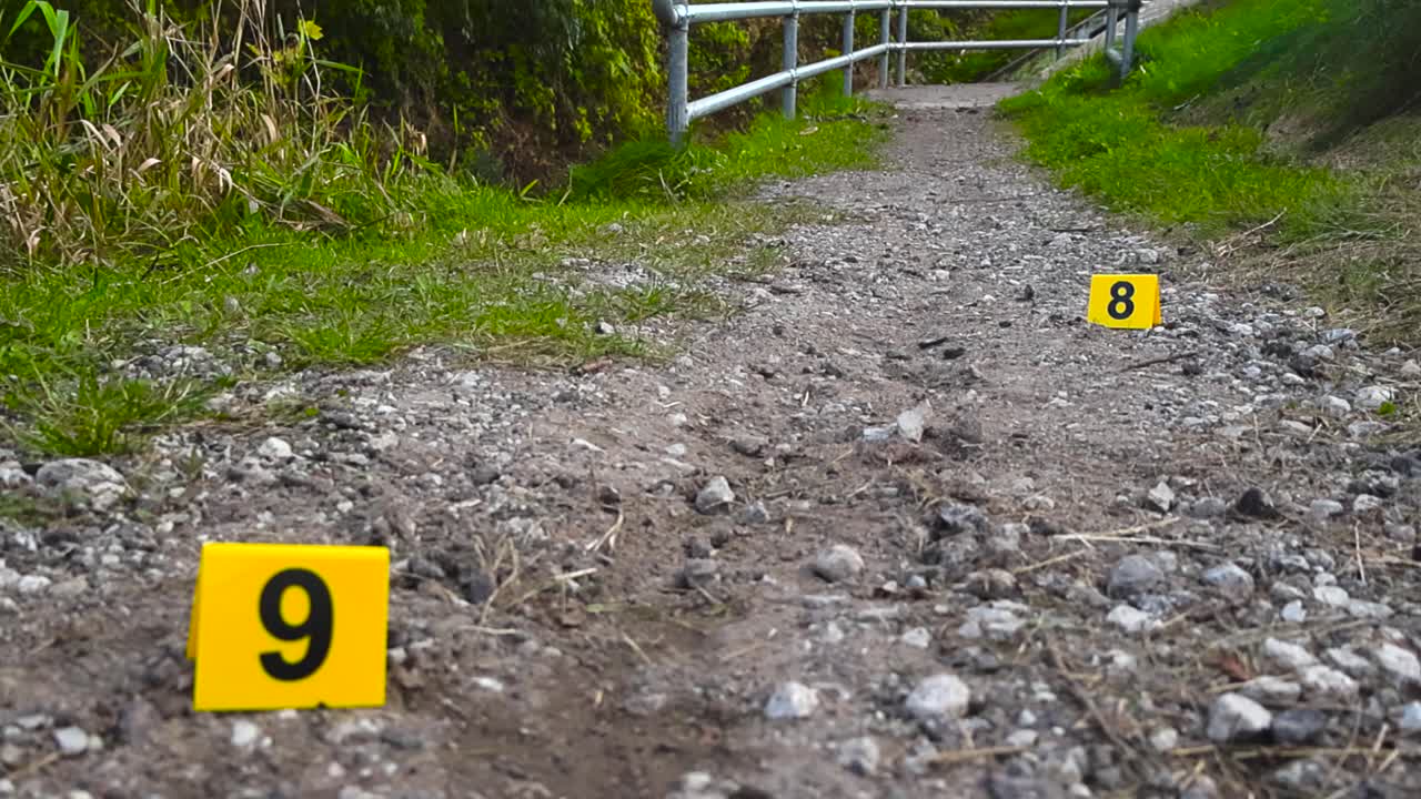 Primo piano dal basso di marcatori numerati di prove su una strada rurale di ghiaia con segni di trascinamento, creando una scena di indagine forense tesa