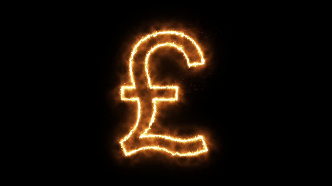 Pound sterling symbol of burning flame. British pound symbol made from fire flame. Flaming burn font or bonfire alphabet text with sizzling fiery shining heat effect. 3D rendering.