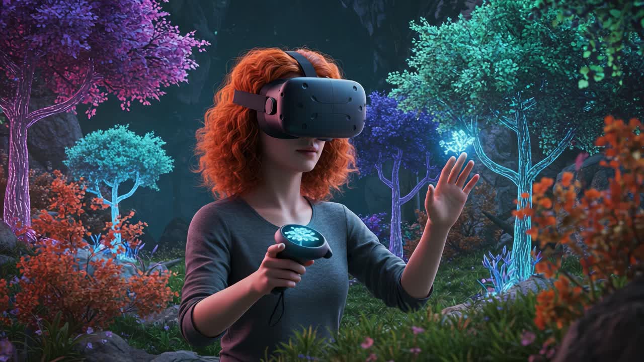 Exploring a Vibrant Virtual Reality Forest: A Woman Engages with Magical Creatures Amidst Glowing Flora Using Advanced VR Technology