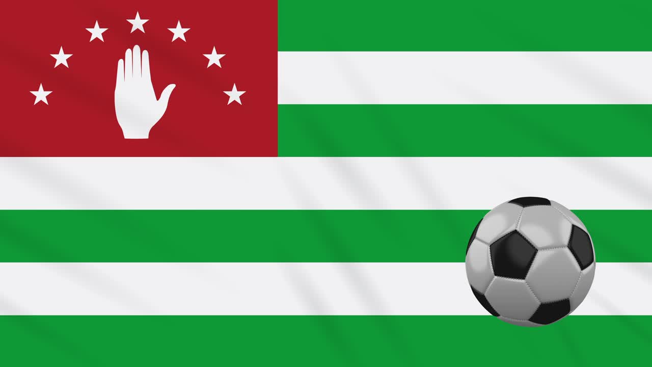 Bandera de Abjasia y balón de fútbol girando sobre un fondo de tela ondeante, en bucle
