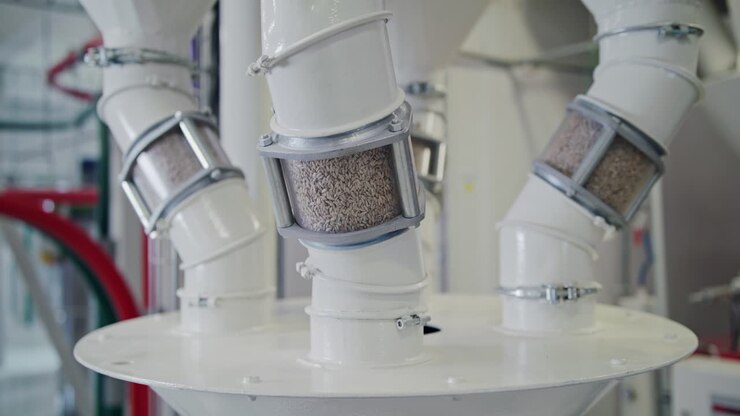 Grain pouring through transparent inspection tubes at a state-of-the-art grain mill facility, showcasing large-scale food production on an industrial level