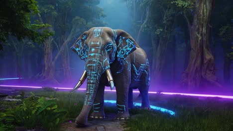 futuristic elephant in a glowing forest